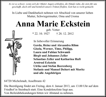 Traueranzeige von Anna Marie Eckstein von Odenwälder Echo