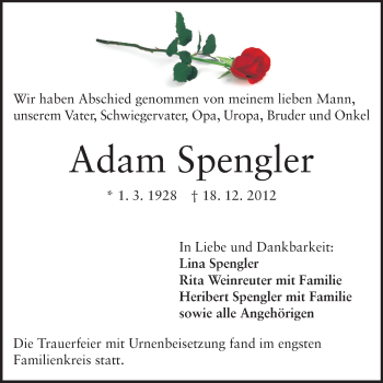 Traueranzeige von Adam Spengler von Echo-Zeitungen (Gesamtausgabe)