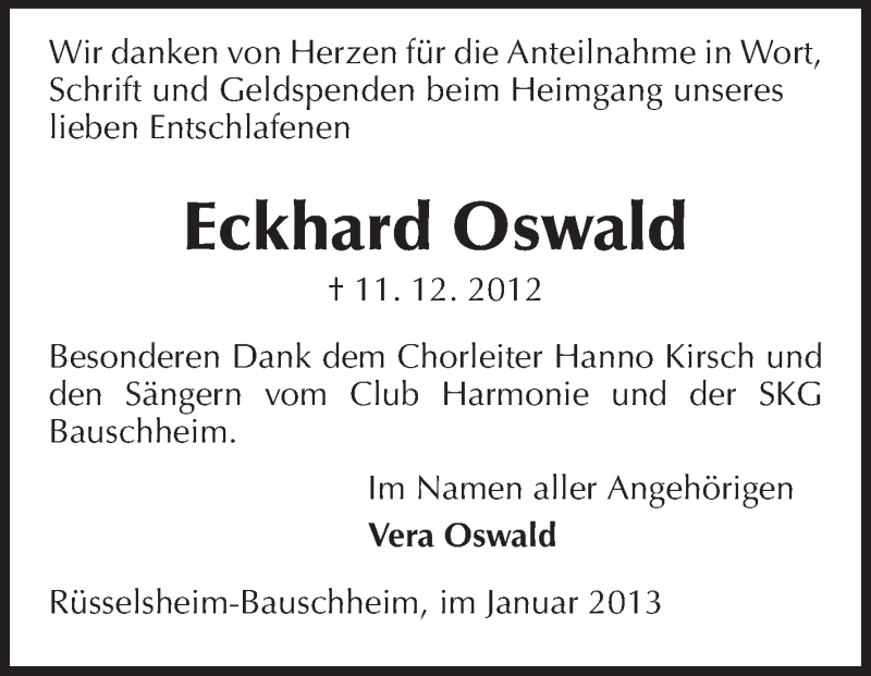  Traueranzeige für Eckhard Oswald vom 03.01.2013 aus Rüsselsheimer Echo, Groß-Gerauer-Echo, Ried Echo
