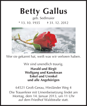 Traueranzeige von Betty Gallus von Rüsselsheimer Echo, Groß-Gerauer-Echo, Ried Echo
