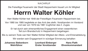 Traueranzeige von Walter Köhler von Starkenburger Echo