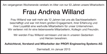 Traueranzeige von Andrea Willand von Echo-Zeitungen (Gesamtausgabe)