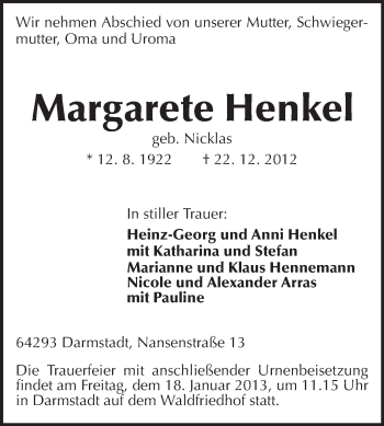 Traueranzeige von Margarete Henkel von Echo-Zeitungen (Gesamtausgabe)