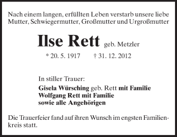 Traueranzeige von Ilse Rett von Echo-Zeitungen (Gesamtausgabe)