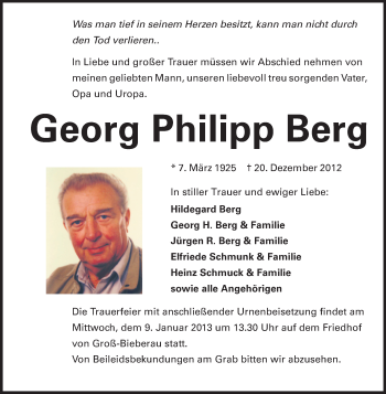 Traueranzeige von Georg Philipp Berg von Echo-Zeitungen (Gesamtausgabe)