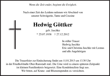 Traueranzeige von Hedwig Göttker von Echo-Zeitungen (Gesamtausgabe)