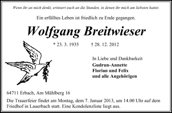 Traueranzeige von Wolfgang Breitwieser von Odenwälder Echo