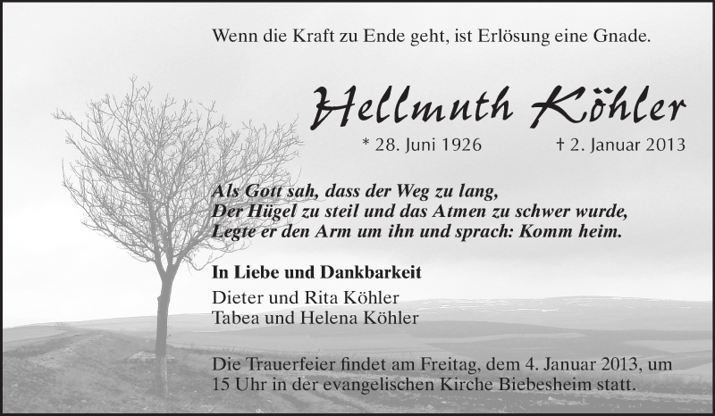  Traueranzeige für Hellmuth Köhler vom 04.01.2013 aus Rüsselsheimer Echo, Groß-Gerauer-Echo, Ried Echo