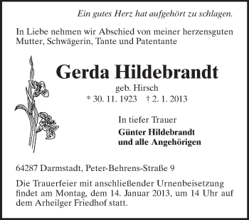 Traueranzeige von Gerda Hildebrandt von Echo-Zeitungen (Gesamtausgabe)