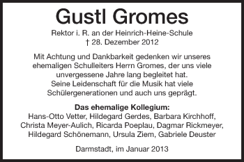 Traueranzeige von Gustl Gromes von Darmstädter Echo, Odenwälder Echo, Rüsselsheimer Echo, Groß-Gerauer-Echo, Ried Echo
