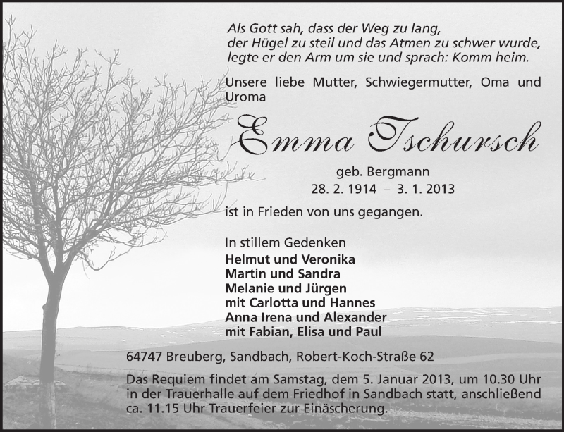  Traueranzeige für Emma Tschursch vom 04.01.2013 aus Odenwälder Echo