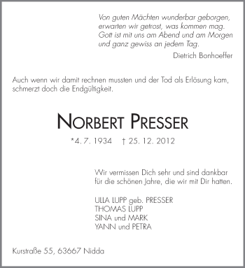 Traueranzeige von Norbert Presser von Echo-Zeitungen (Gesamtausgabe)