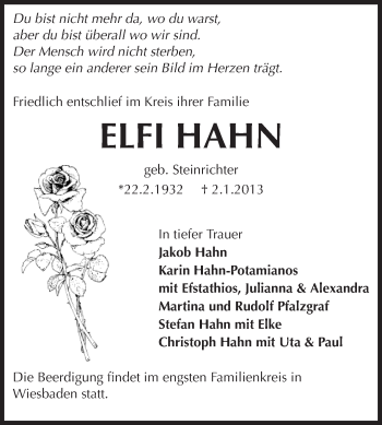 Traueranzeige von Elfi Hahn von Rüsselsheimer Echo, Groß-Gerauer-Echo, Ried Echo