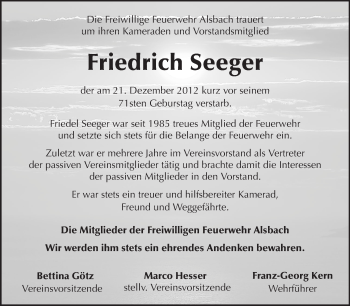 Traueranzeige von Friedrich Seeger von Echo-Zeitungen (Gesamtausgabe)