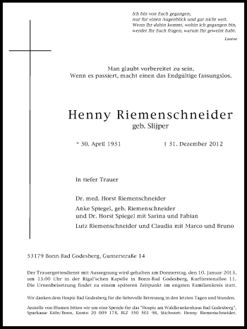 Traueranzeige von Henny Riemenschneider von Echo-Zeitungen (Gesamtausgabe)