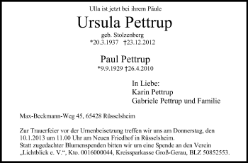 Traueranzeige von Ursula Pettrup von Rüsselsheimer Echo, Groß-Gerauer-Echo, Ried Echo