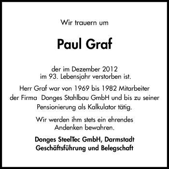 Traueranzeige von Paul Graf von Echo-Zeitungen (Gesamtausgabe)