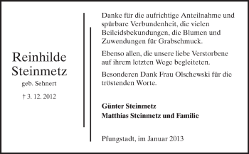 Traueranzeige von Reinhilde Steinmetz von Echo-Zeitungen (Gesamtausgabe)