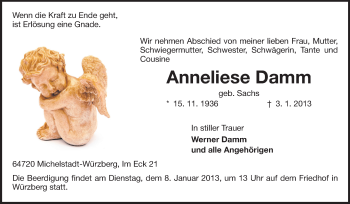 Traueranzeige von Anneliese Damm von Odenwälder Echo