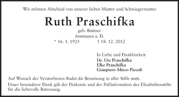 Traueranzeige von Ruth Praschifka von Echo-Zeitungen (Gesamtausgabe)