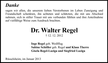 Traueranzeige von Walter Regel von Rüsselsheimer Echo, Groß-Gerauer-Echo, Ried Echo