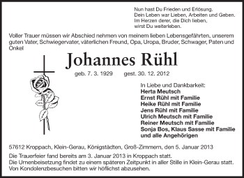 Traueranzeige von Johannes Rühl von Rüsselsheimer Echo, Groß-Gerauer-Echo, Ried Echo