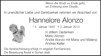 Traueranzeige von Hannelore Alonzo von Darmstädter Echo, Odenwälder Echo, Rüsselsheimer Echo, Groß-Gerauer-Echo, Ried Echo