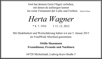 Traueranzeige von Herta Wagner von Odenwälder Echo