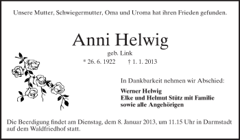 Traueranzeige von Anni Helwig von Echo-Zeitungen (Gesamtausgabe)