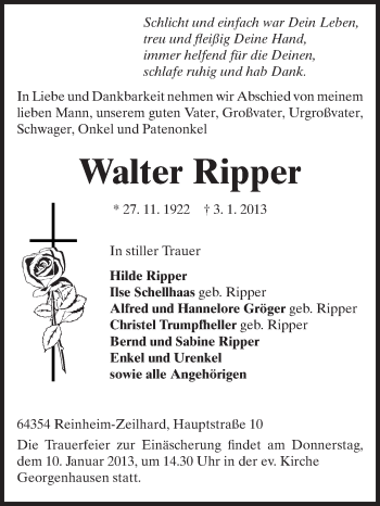 Traueranzeige von Walter Ripper von Echo-Zeitungen (Gesamtausgabe)