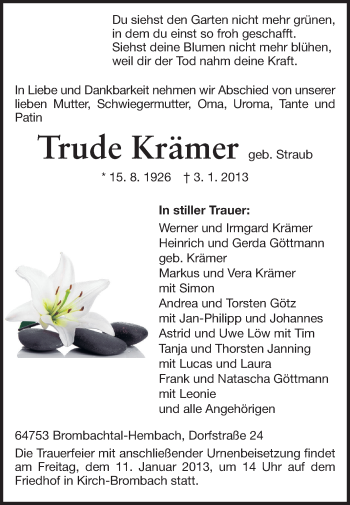 Traueranzeige von Trude Krämer von Odenwälder Echo