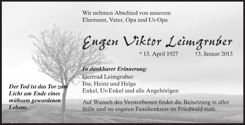  Traueranzeige für Eugen Viktor Leimgruber vom 08.01.2013 aus Odenwälder Echo