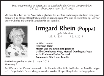 Traueranzeige von Irmgard Rhein von Starkenburger Echo, Bergsträßer Anzeiger