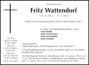 Traueranzeige von Fritz Wattendorf von Starkenburger Echo