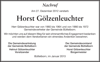 Traueranzeige von Horst Gölzenleuchter von Rüsselsheimer Echo, Groß-Gerauer-Echo, Ried Echo