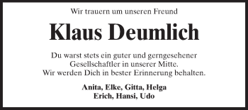 Traueranzeige von Klaus Deumlich von Rüsselsheimer Echo, Groß-Gerauer-Echo, Ried Echo