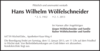 Traueranzeige von Hans Wilhelm Wölfelschneider von Odenwälder Echo