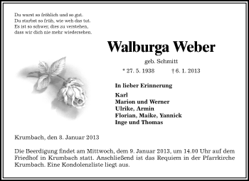 Traueranzeige von Walburga Weber von Starkenburger Echo
