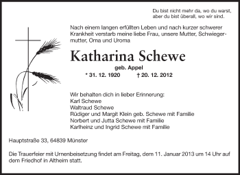 Traueranzeige von Katharina Schewe von Darmstädter Echo, Odenwälder Echo, Rüsselsheimer Echo, Groß-Gerauer-Echo, Ried Echo