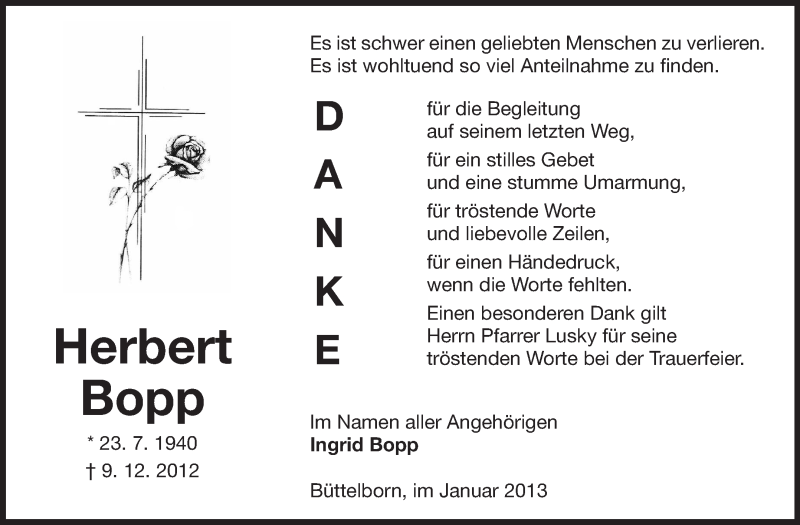  Traueranzeige für Herbert Bopp vom 09.01.2013 aus Rüsselsheimer Echo, Groß-Gerauer-Echo, Ried Echo
