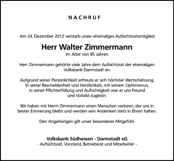 Traueranzeige von Walter Zimmermann von Echo-Zeitungen (Gesamtausgabe)