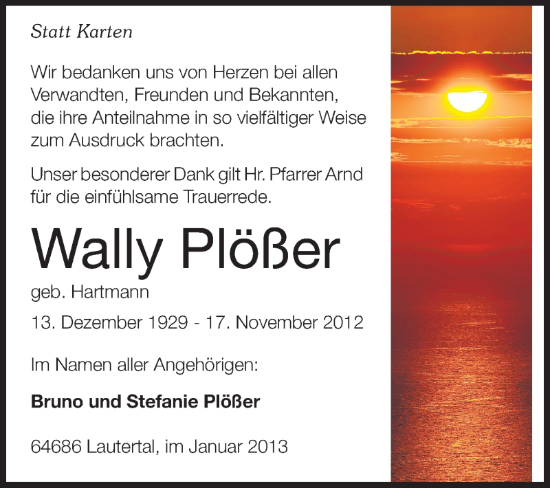  Traueranzeige für Wally Plößer vom 12.01.2013 aus Echo-Zeitungen (Gesamtausgabe)