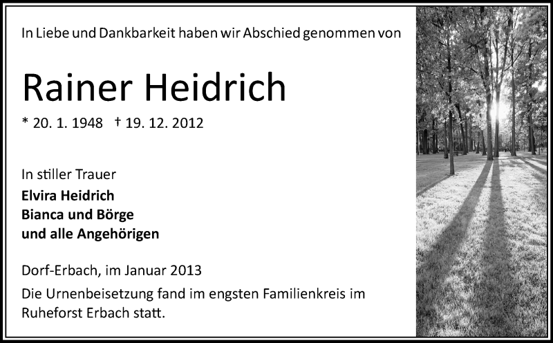  Traueranzeige für Rainer Heidrich vom 12.01.2013 aus Odenwälder Echo