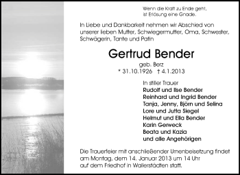 Traueranzeige von Gertrud Bender von Rüsselsheimer Echo, Groß-Gerauer-Echo, Ried Echo