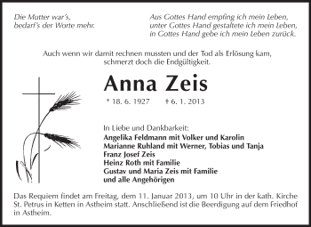 Traueranzeige von Anna Zeis von Rüsselsheimer Echo, Groß-Gerauer-Echo, Ried Echo