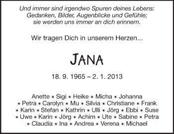 Traueranzeige von Jana  von Darmstädter Echo, Odenwälder Echo, Rüsselsheimer Echo, Groß-Gerauer-Echo, Ried Echo