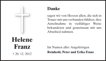 Traueranzeige von Helene Franz von Rüsselsheimer Echo, Groß-Gerauer-Echo, Ried Echo