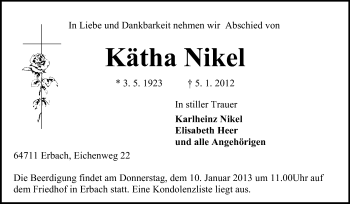 Traueranzeige von Kätha Nikel von Odenwälder Echo