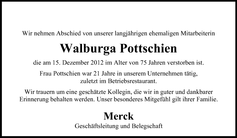  Traueranzeige für Walburga Pottschien vom 10.01.2013 aus Echo-Zeitungen (Gesamtausgabe)
