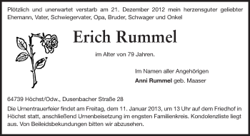 Traueranzeige von Erich Rummel von Odenwälder Echo